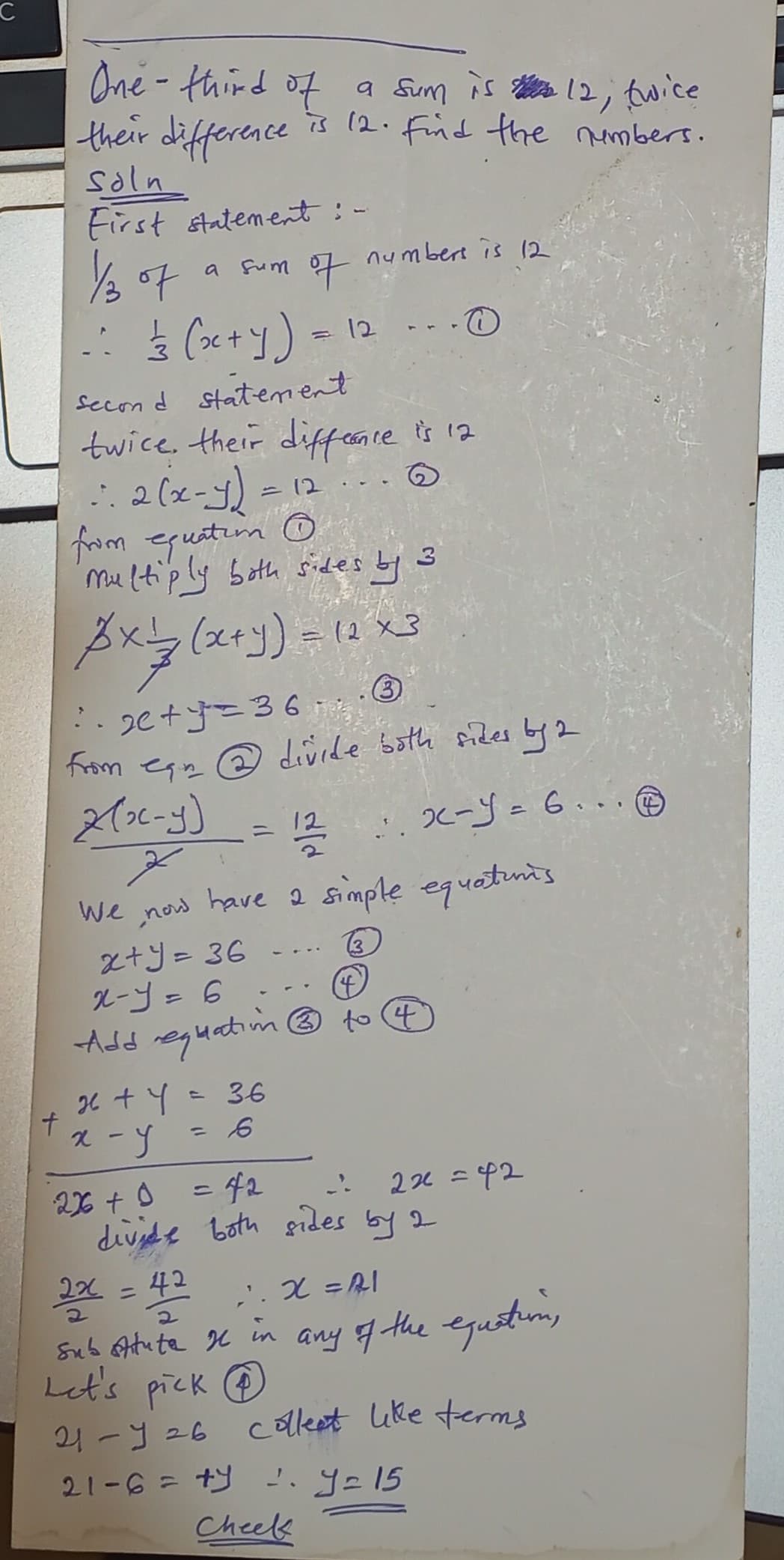 Illustration for WAEC 2023 Q7: One-third of a sum is 12, Twice difference is 12